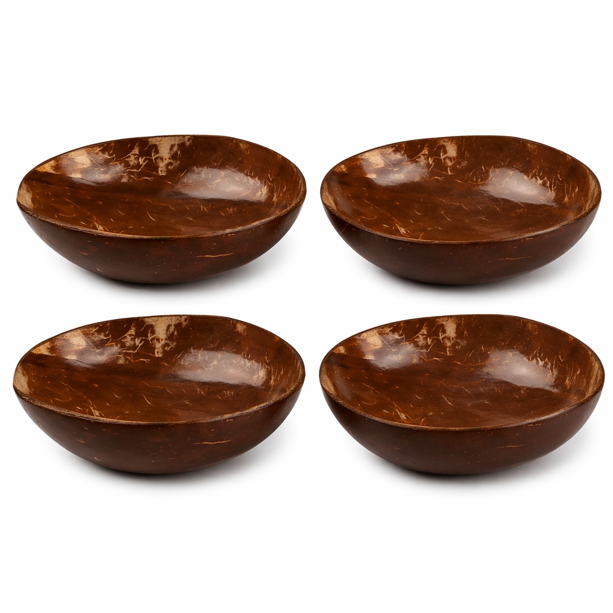 Anketras Coconut Shell Oval Bowl Pack of 4 | 150-200ml Glossy Finish | Multipurpose Bowl for Ice Cream, Salad, Snacks, Candle Making| Handmade Eco-Friendly Natural Serving Bowl | BPA Free Handicraft
